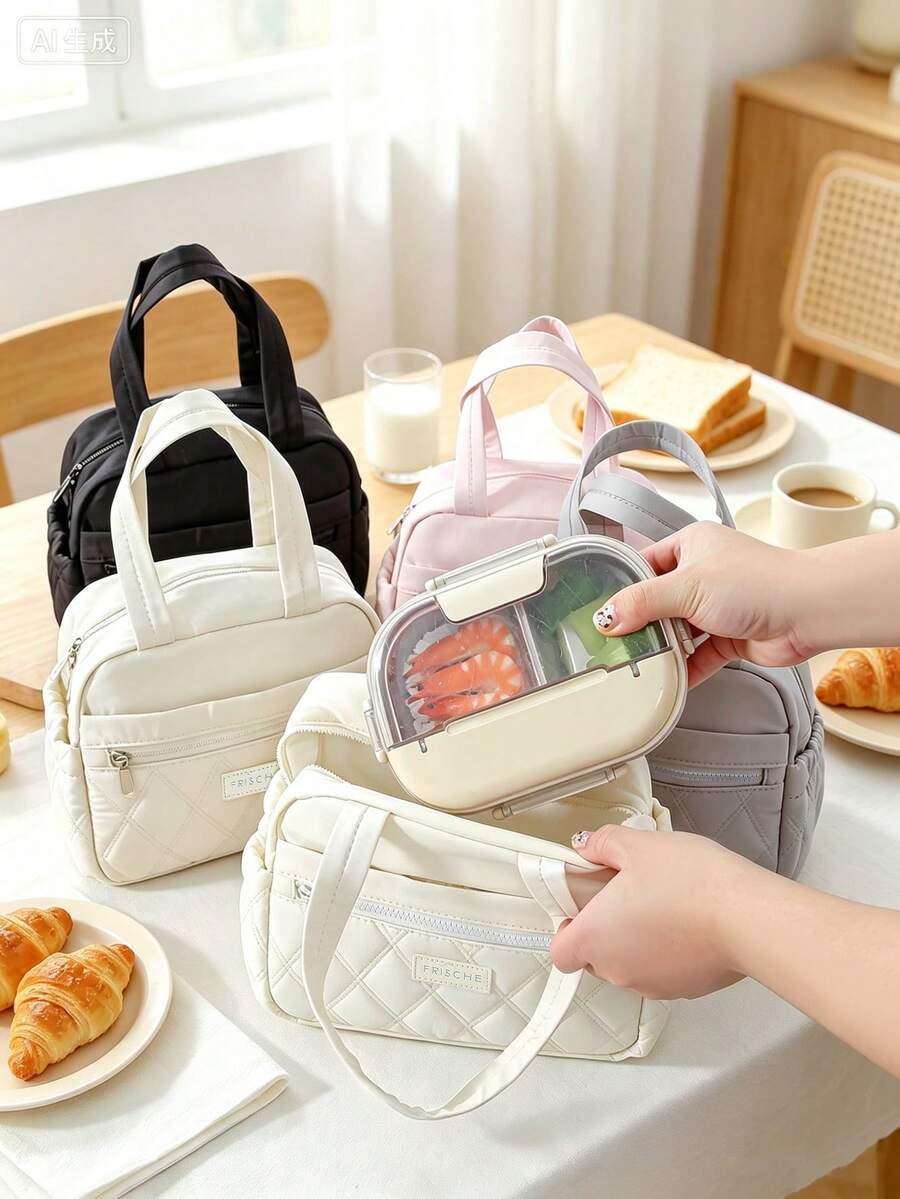Quilted Lunch Tote Bag, Thermal Insulated Food Carrier Handbag, Outer Pocket Waterproof Lunch Container,Cooler Pouch For Office Worker Picnic Travel - Multicolor - View 1