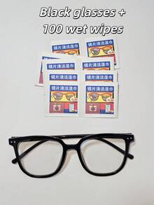Eyewear Set, Black Glasses + 100pcs Cleaning Cloths. Eyeglass Cleaning Cloth, Eyeglass Cleaner, Lens Cleaning Cloth, Eyeglass Cleaning Cloth. Unisex - Fashion Campus Style, Transparent Black Frame, Face-Flattering Design. - A - View 9