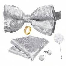 5Pcs Men Light Grey Paisley Jacquard Bow Tie Pocket Square Cufflinks Ring Boutonniere Set, Cufflinks Pattern Random For Wedding - Light Grey - View 2