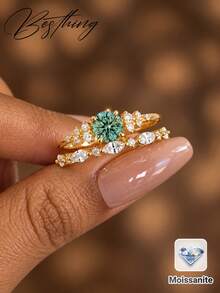 Besthing 2pcs S925 Sterling Silver 0.5CT Green Moissanite Round Main Stone & Teardrop Diamond Stackable Ring Set For Women, High Quality Wedding Engagement Marriage Gift For Wedding Season - Multicolor - View 1
