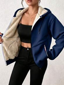 Women's Autumn/Winter Thermal Jacket, Lamb Thermal Lining, Thickened For Winter, Suitable For Outdoor Sports Casual Fall - Navy Blue - View 1