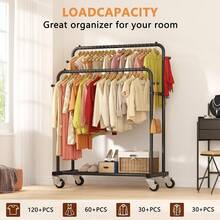 Heavy Duty Double Rail Rolling Clothes Rack With Wheels, Freestanding Garment Rack For Hanging Clothes, Metal Clothing Organizer For Bedroom, Laundry Room And Retail Display - View 2