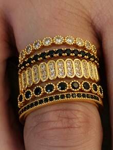 5pcs Men's Ring Set, Multi-Color Copper Inlaid CZ Autumn Vintage Luxury Geometric Rings, Suitable For Daily Wear, Party, Festival, Gift For Boyfriend - Multicolor - View 3