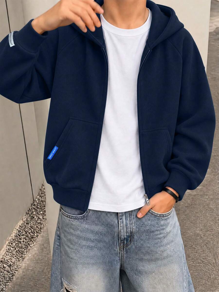 1pc Tween Boys Casual Solid Color Fleece Zip-Up Hoodie Jacket, Warm - Navy Blue - View 1