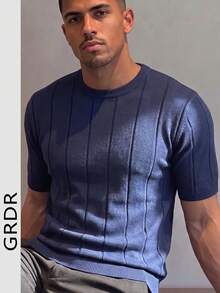 GRDR Men's Thin Summer Knit Solid Color Ribbed Short Sleeve, Sports Casual, Suitable For Outdoor Sports - Navy Blue - View 4