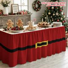 "Commodity" 1pc Christmas Table Skirt, Red Background With Black Belt And Gold Buckle Pattern Table Skirt, Suitable For Kitchen Table Decoration, Restaurant Layout, Picnic Camping Scene, Party Atmosphere To Create A Table Skirt. - 1 - View 7