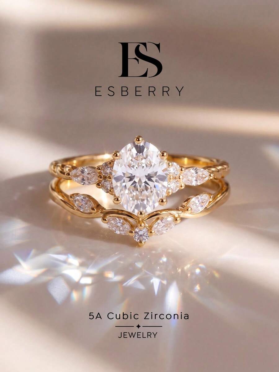 ESBERRY 2件組奢華閃亮十字與橢圓形鋯石珠寶套組，女款婚戒，情人節/訂婚禮物