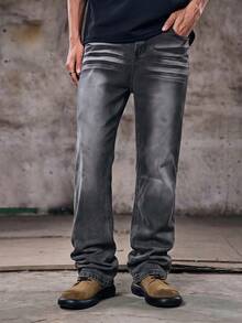 Skyrend Lightweight Business Casual Washed Distressed Hem Jeans For Men, Versatile Slim Straight Leg Casual Pants, Suitable For All Seasonsemo - Black - View 1