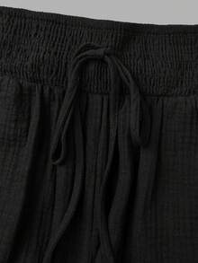 Fall Women Textured Wide Leg Pants, Smocked High Waist Drawstring Loose Trousers With Side - Black - View 5