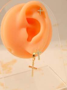 Nooxian 1 Set Gold Rhinestone Cross Earrings 3pcs Set Full Rhinestone Cross Studs + Cross Ear Cuffs + Cross Pendant Hoop Earrings Cool Layered Earring Set - Yellow Gold - View 2