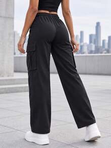 Women's Black Drawstring Waist Wide Leg Cargo Pants With Large Flap Pockets Casual Relaxed Fit Trousers For Daily Wear - Black - View 5