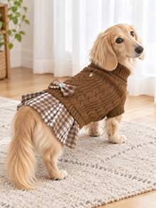 Dachshund High Neck Dog Sweater Dress, Classic Cable Knit Sausage Dog Sweater Dress With Bow Knot, Soft Elastic Warm Winter Dachshund Clothes, Suitable For Dackel Teckel Dogs - Brown - View 6