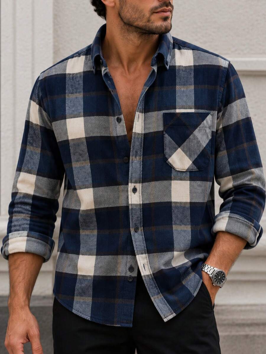 Men's Plaid Long Sleeve Shirt - Casual Button-Down Plaid Shirt With Collar - Royal Blue - View 1