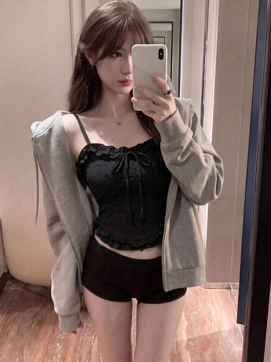 女士蕾丝边吊带背心，优雅叠穿吊带背心，性感提花露脐背心带胸垫，适合夏季休闲穿着，黑色 - 黑色 - 查看 1