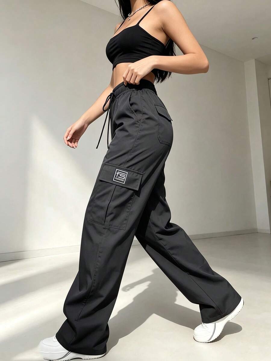 Celana Panjang Kargo Wanita Musim Semi dan Gugur dengan Kantong Besar, Celana Olahraga Kasual, Pinggang Bertali, Desain Banyak Kantong, Cocok untuk Olahraga Luar Ruangan dan Pakaian Sehari-hari - Hitam - View 1
