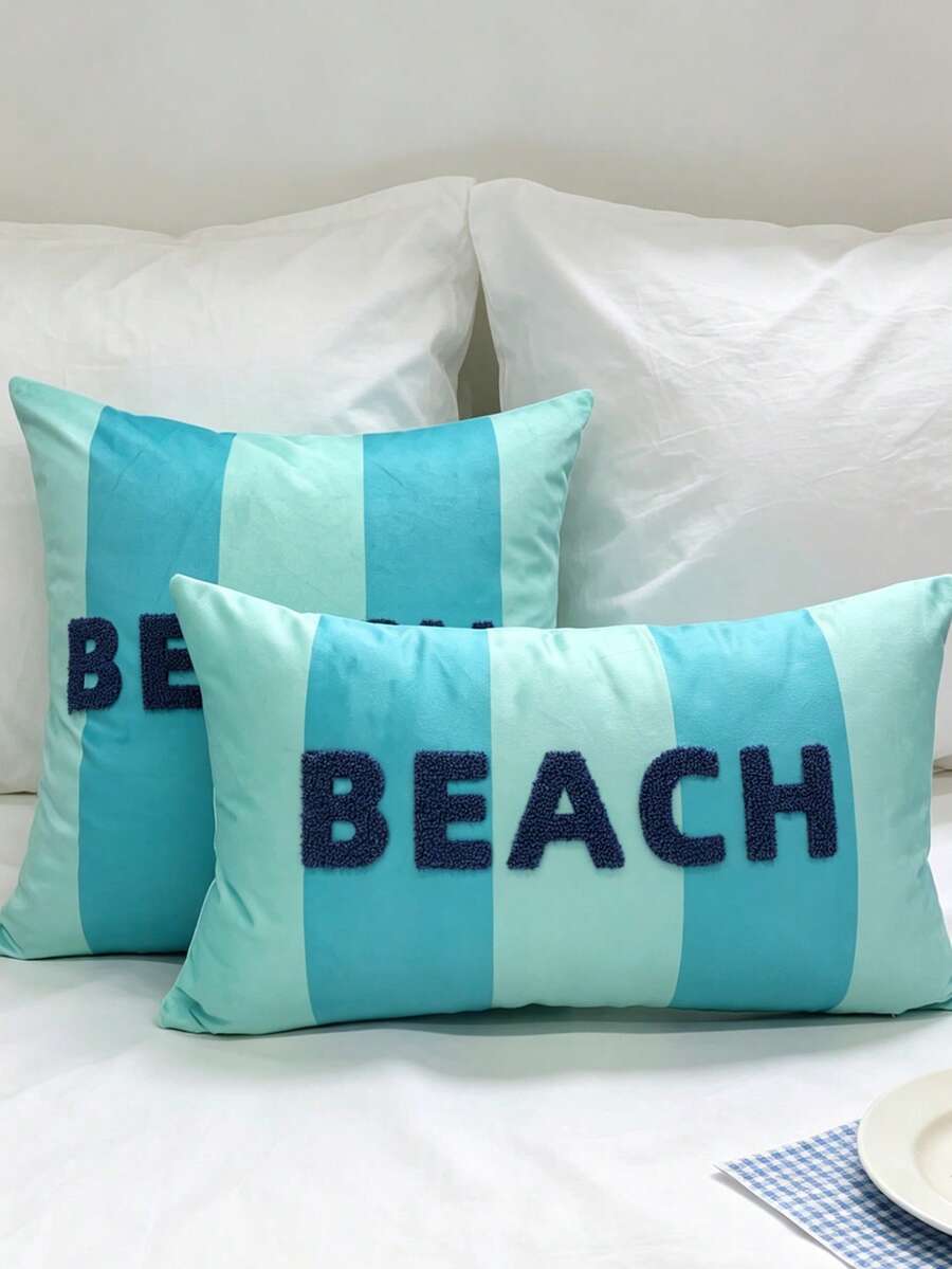 1pc Ins Blue Striped Pillowcase, Letter Embroidered Throw Pillow, Minimalist Modern Sofa Cushion Cover, Soft & Comfortable, Atmosphere Decorative Pillowcase For Sofa Bed Headboard, Machine Washable, Pillow Insert Not Included - Baby Blue - View 1