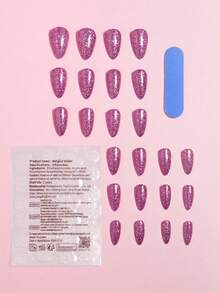 VV MEI JIA ER 24片玫瑰粉色亮面按压式美甲贴片，带UV涂层，全杏仁形人造指甲，闪亮粘性假指甲，适合女性和女孩，附赠1卷美甲胶水和1把指甲锉。 - 玫紅色 - 查看 6