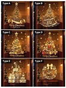1pc Christmas Gold Window Static Cling Sticker, Christmas Tree / Gift Box / Wreath Pattern Electrostatic Adsorption PVC Window Decal, Glue-Free Easy Removal, Suitable For Home, Bathroom, Shop Glass, Holiday Atmosphere Decoration - Gold - View 2