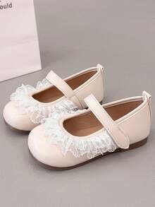 New Minimalist Light Beige Girls' Mary Jane Flats, Round Toe With Lace Decor And Convenient Hook And Loop Closure, Breathable Durable Non-Slip Rubber Sole, Children's Flat Shoes Suitable For Daily Wear, Vacation, Party, Holiday And Celebration Outfits - Beige - View 2