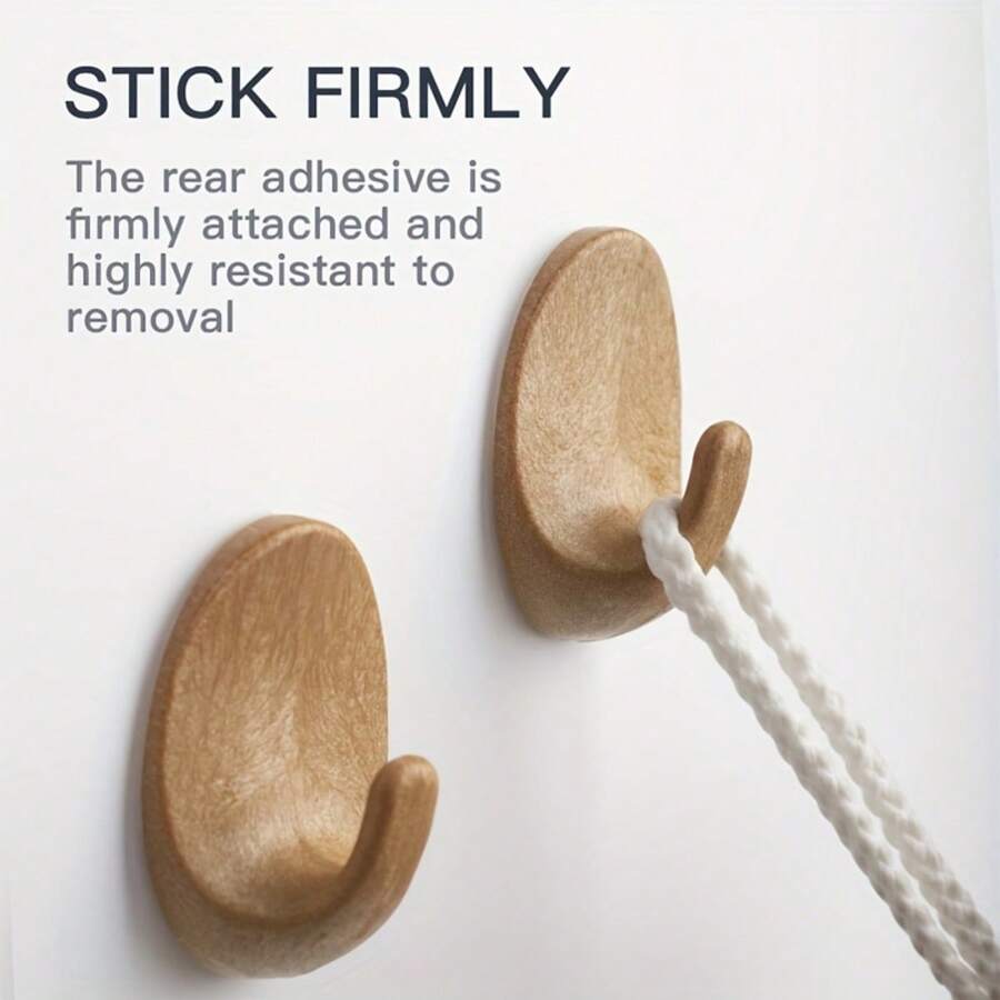 6pcs Wood-Grain Plastic Oval Hooks With Self-Adhesive Backing, No Need To Drill Holes For Kitchen And Bedroom, Adhesive Hooks, Utility Hooks - Camel - View 1