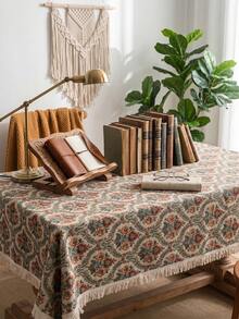 1pc Beige Background Blue Red Green Vintage Paisley Floral Pattern Tablecloth, Retro Bohemian Style Woven Fabric Material, Rectangular Beige Tassel Edge Detail, Stain-Resistant Protective And Decorative Function For Home Dining Table, Suitable For Bohemian Dining Table Decor And Daily Home Scenes - Khaki - View 8