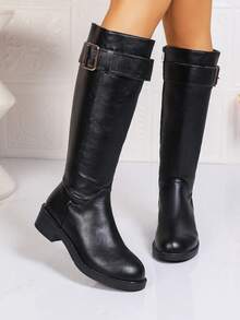 Women's Vintage Belt Buckle High Shaft Riding Boots, Round Toe Low Chunky Heel Side Zipper Tall Boots, Autumn/Winter Commute Versatile Slimming Long Boots, Black/Brown Available - Black - View 1