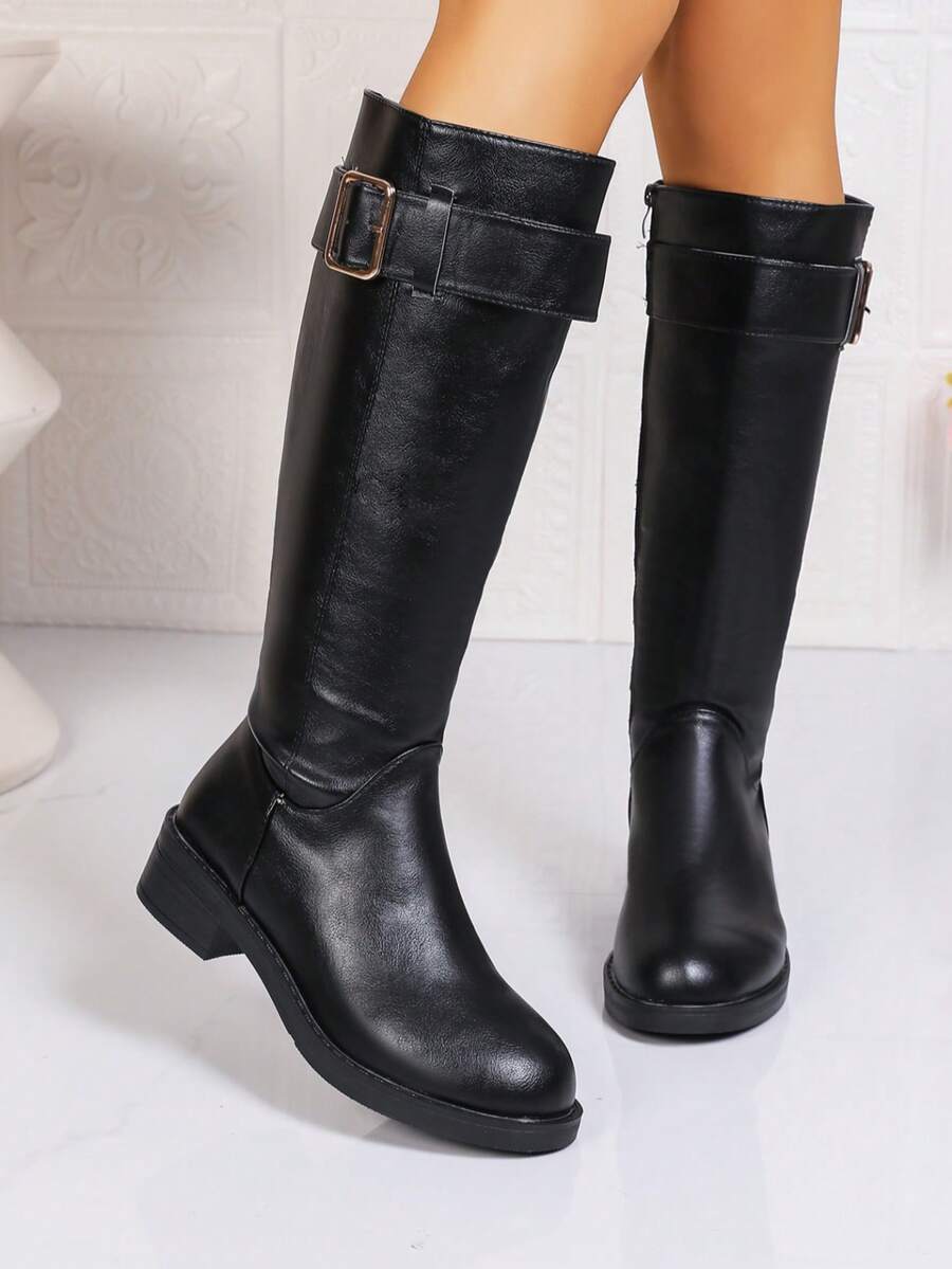 Women's Vintage Belt Buckle High Shaft Riding Boots, Round Toe Low Chunky Heel Side Zipper Tall Boots, Autumn/Winter Commute Versatile Slimming Long Boots, Black/Brown Available - Black - View 1