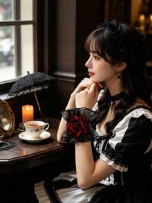 ExquisiteGothic Black Lace Ruffle Rose Cuff, Vintage Wrist Accessory, Ideal Christmas Gift For Women's Makeup And Party - Multicolor - View 3
