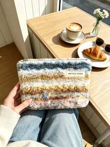 1pc Retro Casual, Fleece, Rectangular Pouch, Striped Plaid Print, Label & Zipper Detail, Holds Cosmetics & Small Items, Makeup Bag, Storage Pouch, For Daily Use, Trips, Autumn Winter & Holiday Occasions,Makeup Bag - Multicolor - View 5