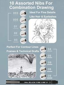 10pcs Hand-Drawn Technical Pens With 10 Different Nib Sizes, Black Waterproof Quick-Dry Fineliner Pens, Smooth Ink Flow Fade-Resistant Drawing Pens For Artists, Manga, Illustration, Engineering Sketches And Bullet Journals - Pencil - View 8