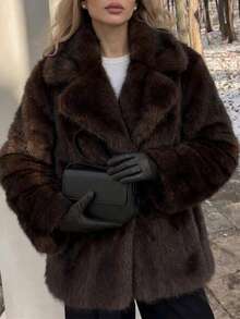 OFTBUY Solid Color Regular Notch Lapel Long Sleeve Faux Fur Fine Velvet Women's Jacket, Loose Casual Streetwear For Autumn/Winter - Coffee Brown - View 3