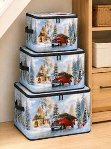 Christmas Foldable Storage Box With Zipper Lid, Foldable Zipper Storage Box, Christmas Storage Bucket With Lid And Handles, Large Capacity Clothing And Bedding Storage Box With Handles, Christmas Tree And Red Truck Pattern Blanket Storage Bucket - Multicolor - View 7