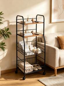 4 Tier Rolling Storage Cart, Top Board + Mesh Baskets With Universal Wheels, Mobile Organizer For Kitchen Living Room Study Snacks Books Sundries - Random Color - View 5