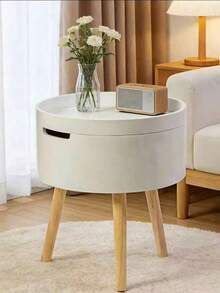NEW Lightweight Compact White Round Bedside Table For Storage With Flap And Hidden Space, Side Table By The Bed On Stable Tripod Legs Made Of Natural Wood, - White - View 11