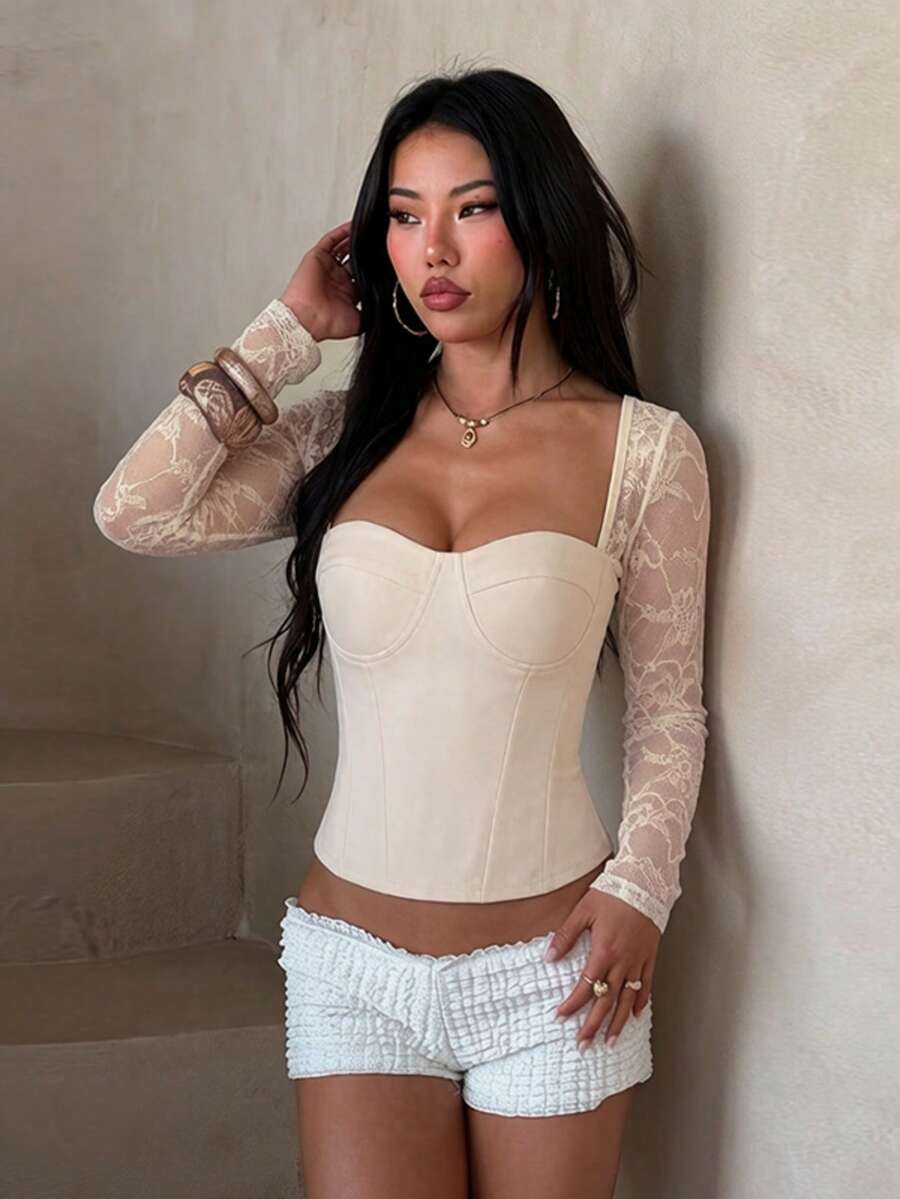 Autumn Apricot Square Neck Lace Long Sleeve Blouse, Suitable For Gatherings, Parties, Travel, Vacations, Beach
