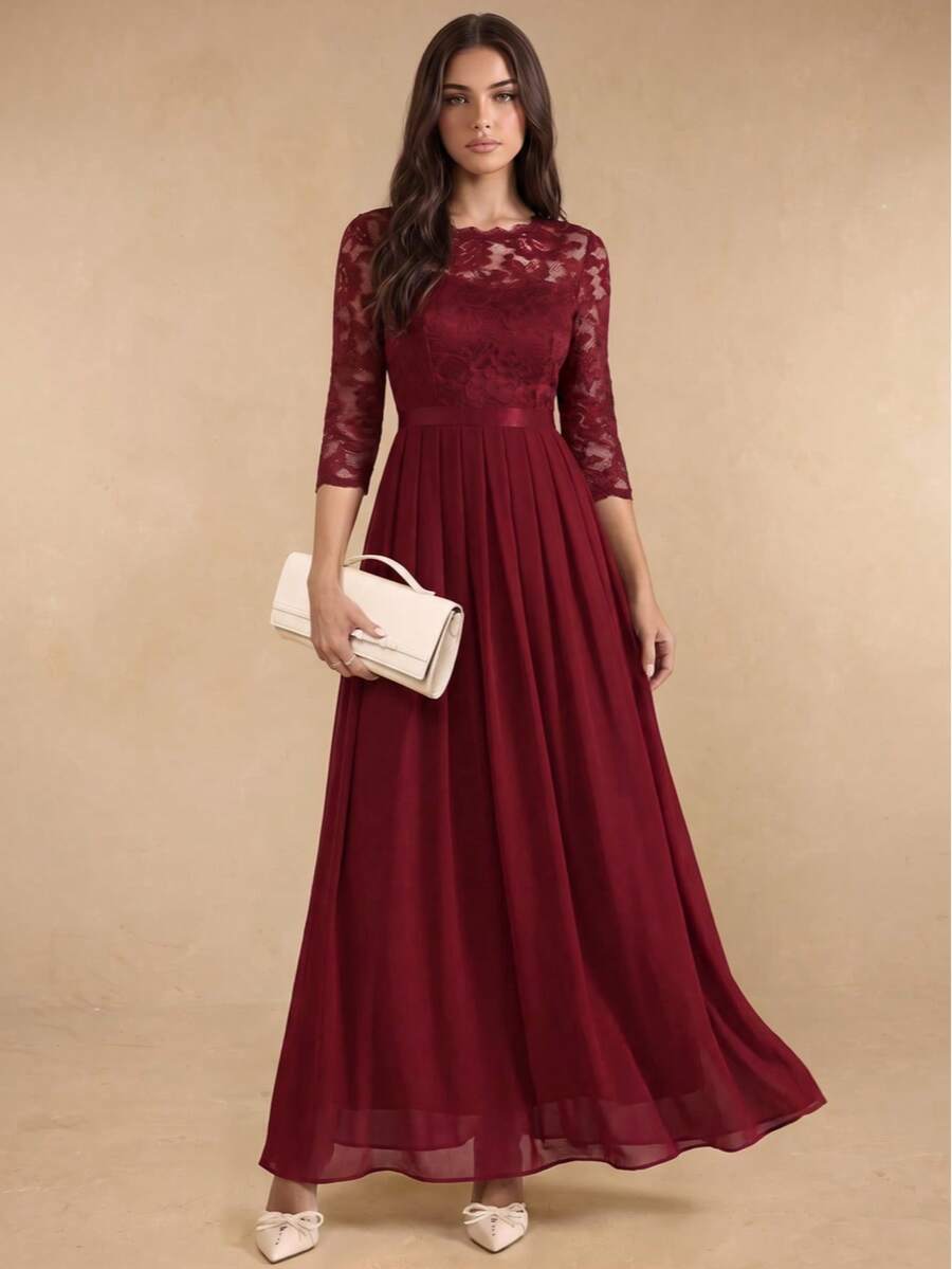 Vestido elegante de encaje floral para mujer,Vestido de fiesta de manga larga de chiffon de cuello redondo,Vestidos de mujer - Color caoba - Ver 1