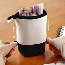 1pc Black/Pink/Blue Canvas Pencil Case, Teen Stationery, Retractable Pencil Case, Zippered Canvas Bag, Vertical Pencil Case. Random Color, Random Packaging - A - View 4