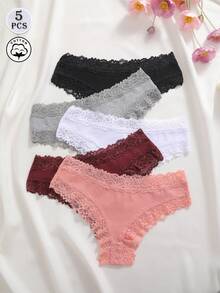 5pcs/Set Solid Color Lace Trim Striped Breathable Sexy Women's Panties - Multicolor - View 3
