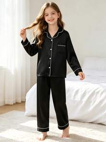 Tween Girl 2pcs Black Long Sleeve Top And Long Pants Pajama Set - Multicolor - View 3