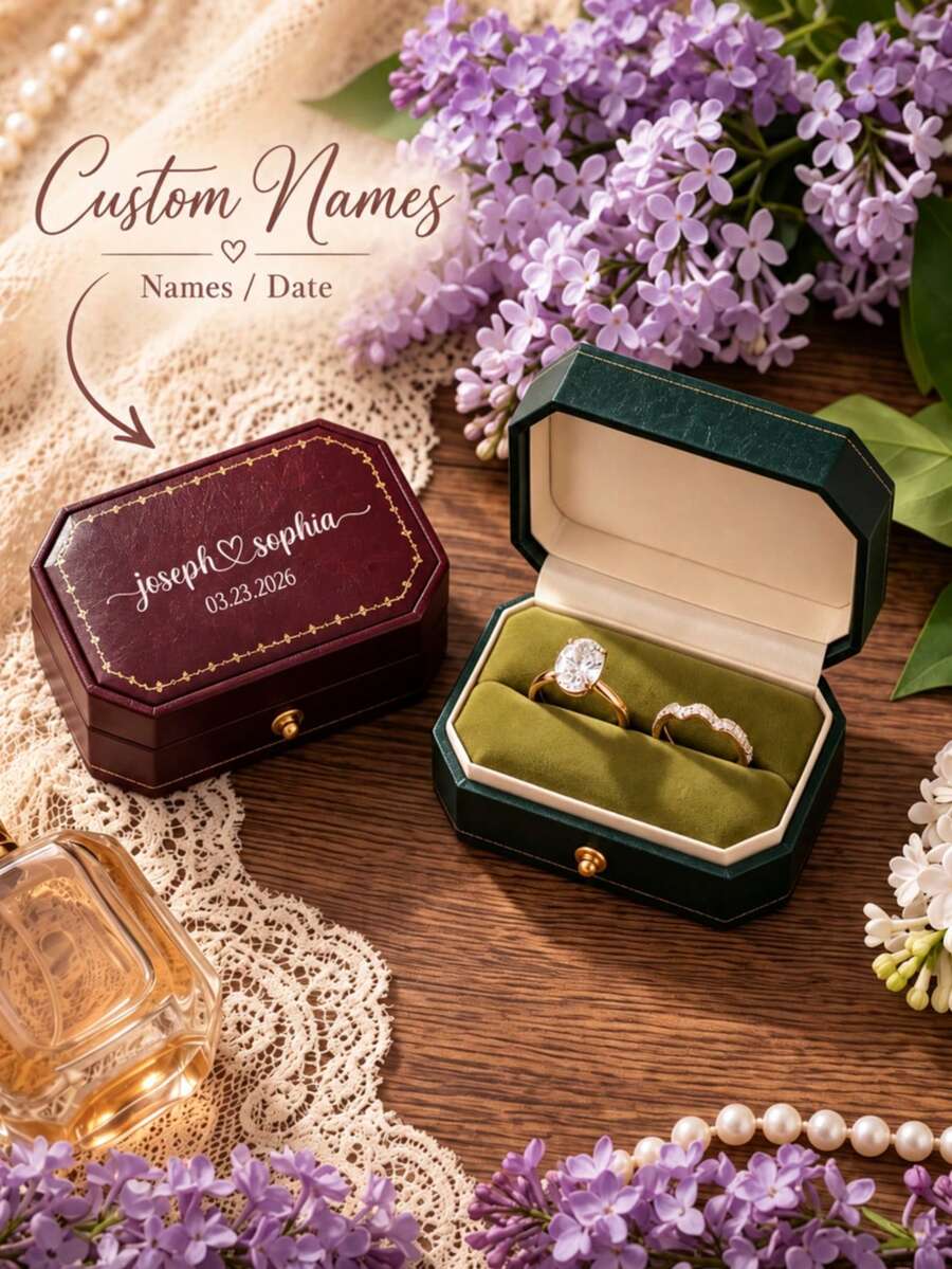 Personalized Octagonal Ring Box, Suitable For Wedding Store Ring Box, Vintage Leather Style, Can Hold Two Rings Wedding Ring Holder, Can Be Engraved With Name Proposal Engagement Wedding Anniversary Gift, Valentine's Day Gift, Birthday Gift, Bridal Shower Gift