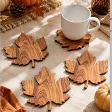 6/2 Pcs Thanksgiving Maple Coaster Set, Autumn Table Decor, Natural Wood Coffee Coasters, Rustic Farmhouse Kitchen And Dining Table Decor, Holiday Home Decor Accessorie - Multicolor - View 6