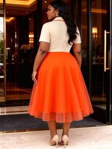 Plus Size Beige & Orange Colorblock Midi Dress, Short Sleeve Ruffle Waist, Mesh Overlay, A-Line Silhouette, Elegant Commute, Party, Graduation Dress - Apricot - View 4