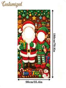 Custom Photo 2D Flat Banner, Santa Claus And Elf Cut-Out Photo Theme, Christmas Winter Theme Face Cut-Out Photography Banner, With String Lights, Gifts, Snowman, And Toy Prints, Party Background - Multicolor - View 6