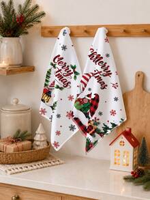 2PCS Kitchen Towel, Christmas Gnome Snowy Scene Merry Christmas Pattern Kitchen Towel Dish Cloth, Pastoral Style 40*60cm Rectangular Soft Microfiber Cleaning Kitchen Towel, Perfect For Kitchen, Dining Room And Bathroom Use, Christmas Kitchen Decoration, Home Decor, Neighbor Housewarming Gift, Dish Cloth - Red and White - View 2
