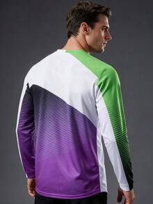 HISERWA Men's Motorcycle Riding Gear: Gradient Polka Dot Colorblock Long Sleeve T-Shirt, Quick-Dry Sporty Style - Black - View 3