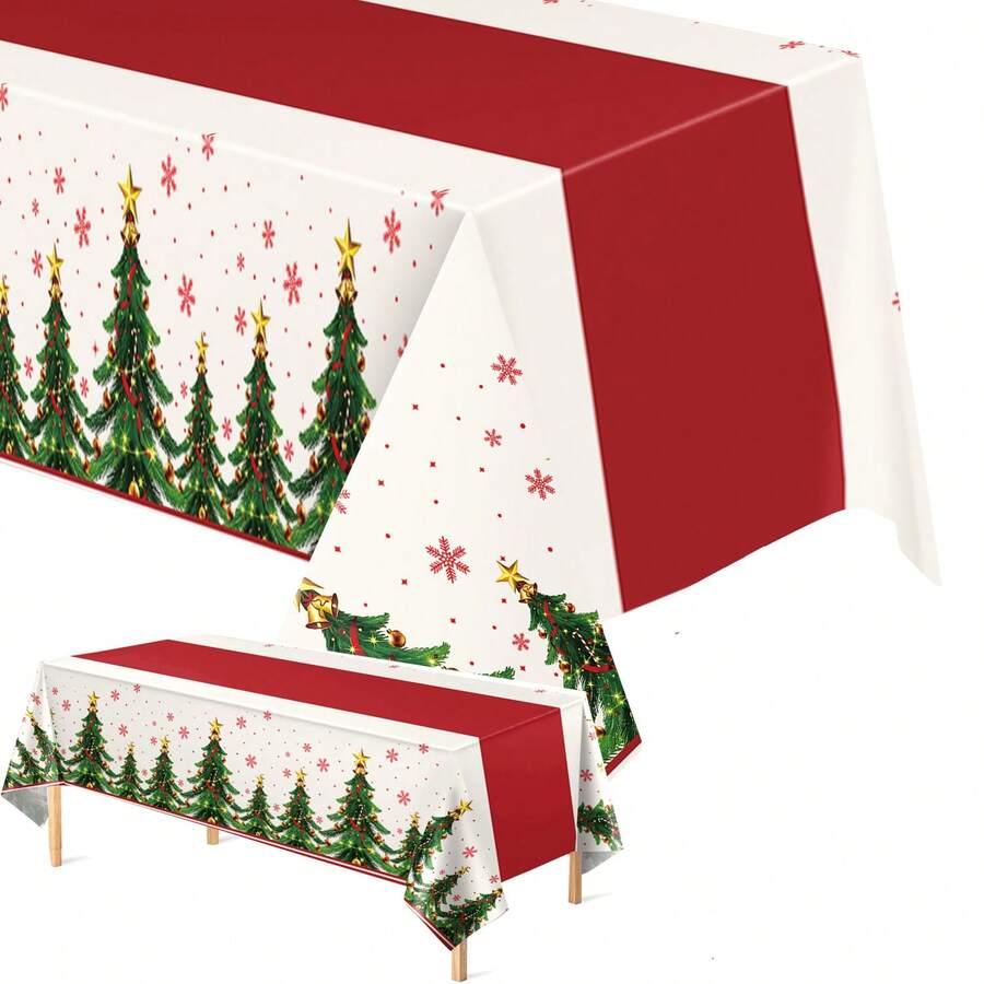 Tablecloth, 3 Pieces/1 Piece Christmas Disposable Rectangular Tablecloth, 54*108 Inches Plastic Christmas Tablecloth With Happy Tree Belt Design, Perfect For Christmas And Winter New Year Party Supplies - Multicolor - View 1