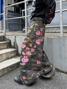 Infinite Jeans 1pc American Street Fashion Men's Patchwork Double Waist Distressed Ripped Embroidered Denim Jeans Loose Comfortable Wide Leg Pants All Season Versatile Denim Long Pants (Product Does Not Include Belt And Accessories) - Green - View 6