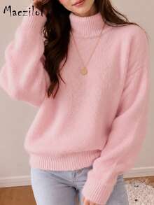 Plus Size Ladies Fall Winter Soft Fuzzy Turtleneck Pullover Top, Loose Knitwear, Slimming Cover Fat For Daily & Commuter Wear - Pink - View 5