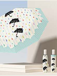1pc Fully Automatic/Semi-Automatic Black Vinyl UV Protection Manual Portable Lightweight Cartoon Umbrella For Rain And Sun - As Shown - View 8
