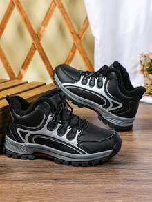 Men Black High‑Top Outdoor Snow Boots, Fleece Lining Warm Comfortable Minimalist Shoes, For Winter Hiking Camping Daily Commute All‑Match - Black - View 6